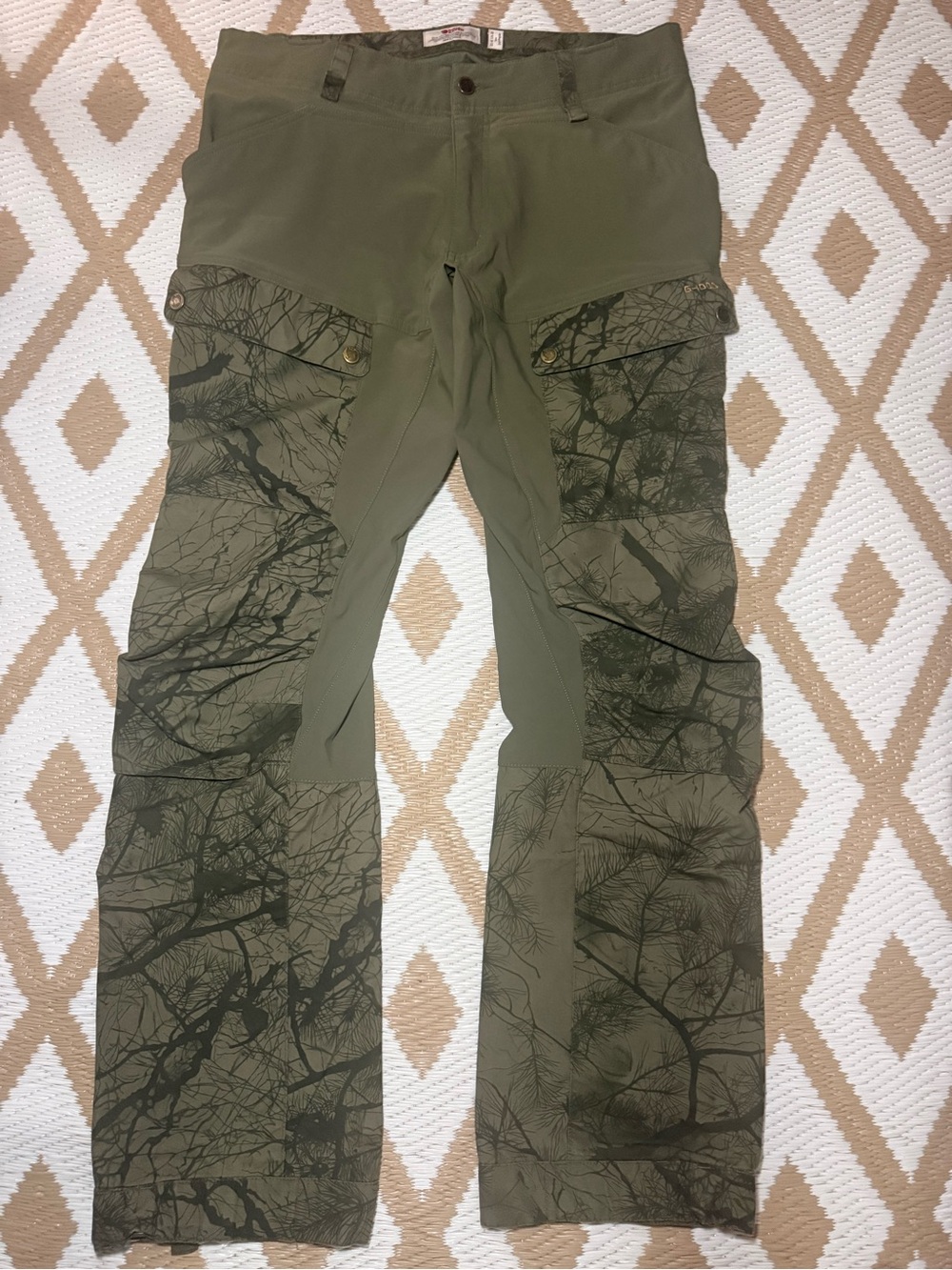 Fjallraven Olive Cargo Pants with Tree-Pattern Panels